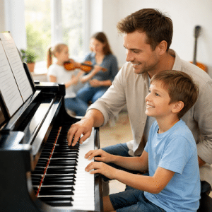 Klavierlehrer erteilt einem etwa 7 jährigen Jungen Klavierunterricht. Im Hintergrund erteilt eine Geigenlehrerin einer Geigenschülerin Unterricht.